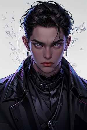 1 boy, male, 30 years old, dark hair, pixie cut, slicked back hair, sharp gaze, black eyes, trim man, tall, cross earring in ear, tanned complexion, temperamental, repressed character, neutral expression, intimidating mobster, black dress shirt, black coat, white background, looking_at_the_viewer, close-up, modern