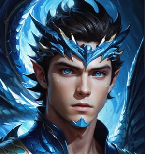  digital painting, book illustrationa, male face of 28 years old man, handsome predatory male face, almond shaped big dark blue eyes, raised up corners of eyes, wide nose, outlined cheekbones, clean shaven, well defined plump lips, ((blue dragon flakes on forehead, cheekbones and neck)), dark fantasy, dark magic illumination,  fantasy illustration style, airbrushed, high resolution, Charlie Bowter, visible brushstrokes, 16k resolution, trending on artstation, voluminous light,PetDragon2024xl