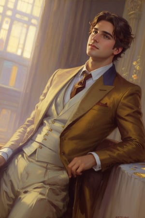 (best quality, masterpiece), Male trickster flatterer scammer in a noble reunion, brown clothes, art by artgerm and greg rutkowski and alphonse mucha and loish and wlop, artstation, illustration