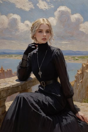 (((Highest quality))),masterpiece, poirtrait of Beautiful magician in (( medieval dark dress)), upper body, character portrait, finger rings, necklace around her neck, gothic art, gothic, styled by Donato Giancola, Charlie Bewater , High detailed 
