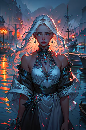 close up Portrait of a young sad girl, ((white long hair)), she's standing in the harbour, sadness, tears, romance, wearing a light dress, character image, fantasy art, trending on artStation, (masterpiece:1.1) (best quality) (detailed) (complex) (8k) (HDR), illustration,Long_hair, lipstick