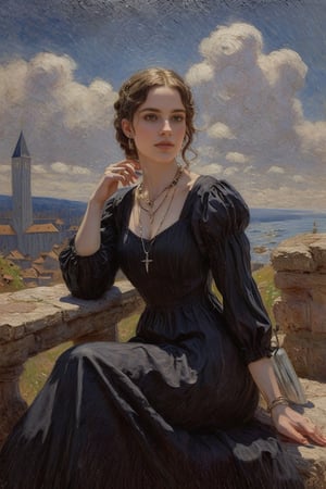 (((Highest quality))),masterpiece, poirtrait of Beautiful magician in (( medieval dark dress)), upper body, character portrait, finger rings, necklace around her neck, gothic art, gothic, styled by Donato Giancola, Charlie Bewater , High detailed 