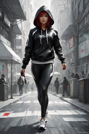  (Concept art of a woman in a black and white suit and hoodie walking, inspired by Marek Okon and trending on Artstation. This neo-figurative piece draws influence from Spider-Gwen and the style of graphic artist Artgerm, showcasing extremely detailed and captivating visuals in the manner of Krenz Cushart and Artgerm.,digital painting