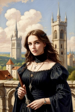 (((Highest quality))),masterpiece,Beautiful magician in medieval dress with dagger in hand, character portrait, necklace around her neck, gothic art, gothic, spires of medieval castles in background, styled by Donato Giancola, Charlie Bewater , spires of medieval castles in background