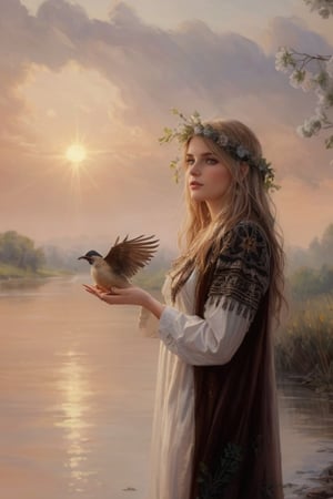 fantasy portrait of the character, Ancient Russian goddess Lada, dressed in a white shirt with embroidery, on her head a wreath of wildflowers, standing in the bank of a forest river, holding a magic bird in her hand, looking at the sunrise, nature is waking up, birds are chirping, calm joyful atmosphere, natural light, digital illustration, high key, in the style of Andrei Shishkin, Vasnetsov, book cover, masterpiece, book cover, masterpiece artstation painting concept art of detailed character design matte painting, 8 k resolution, sharp focus