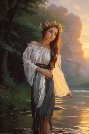 fantasy portrait of the character, Ancient Russian goddess Lada, dressed in a white shirt and sarafan of the 11th century, holding a wreath of wildflowers, standing in the bank of a forest river, looking at the sunrise, nature is waking up, birds are chirping, calm joyful atmosphere, natural lighting, digital illustration, high key, in the style of Andrei Shishkin, Vasnetsov, book cover, masterpiece artstation painting concept art of detailed character design matte painting, 8 k resolution, sharp focus