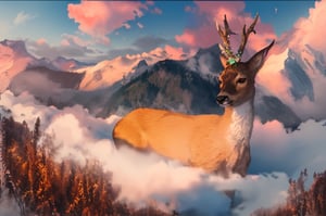 magic Digital illustration, surrealism, sunrise, only the peaks of the Caucasus Mountains are visible, fog between the peaks, magical huge roe deer walking in the fog, calm peaceful atmosphere, light work, natural light, (visible brush strokes), (( style by Artem Chebokha,  Devin Elle Kurtz, Rossdraws)), style of Peter Morbacher, awarded on artstation, cinematic light, pink clouds, blue sky,