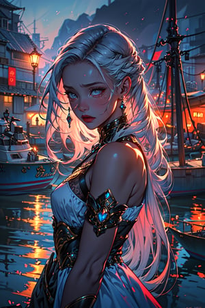 close up Portrait of a young sad girl, ((white long hair)), she's standing in the harbour, sadness, tears, romance, wearing a light modern dress, character image, fantasy art, trending on artStation, (masterpiece:1.1) (best quality) (detailed) (complex) (8k) (HDR), illustration,Long_hair, lipstick