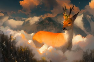 magic Digital illustration, surrealism, sunrise, only the peaks of the Caucasus Mountains are visible, fog between the peaks, magical huge roe deer walking in the fog, calm peaceful atmosphere, light work, natural light, (visible brush strokes), (( style by Artem Chebokha,  Devin Elle Kurtz, Rossdraws)), style of Peter Morbacher, awarded on artstation, cinematic light