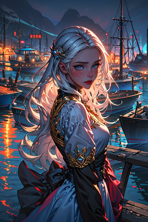 close up Portrait of a young sad girl, ((white long hair)), she's standing in the harbour, sadness, tears, romance, wearing a light modern dress, character image, fantasy art, trending on artStation, (masterpiece:1.1) (best quality) (detailed) (complex) (8k) (HDR), illustration,Long_hair, lipstick