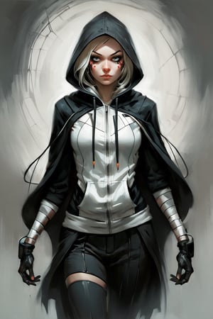  (Concept art of a woman in a black and white suit and hoodie walking, inspired by Marek Okon and trending on Artstation. This neo-figurative piece draws influence from Spider-Gwen and the style of graphic artist Artgerm, showcasing extremely detailed and captivating visuals in the manner of Krenz Cushart and Artgerm., in the style of esao andrews