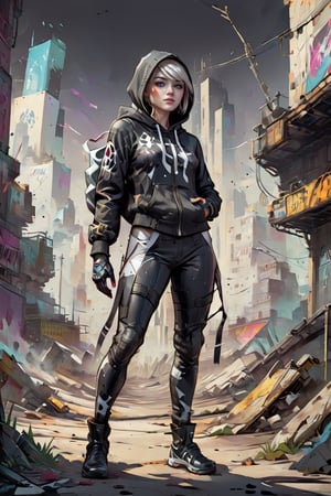 (Concept art of a woman in a black and white suit and hoodie walking, inspired by Marek Okon and trending on Artstation. This neo-figurative piece draws influence from Spider-Gwen and the style of graphic artist Artgerm, showcasing extremely detailed and captivating visuals in the manner of Krenz Cushart and Artgerm, Comic Book-Style 2d