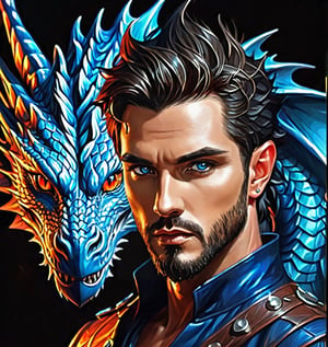  digital painting, book illustrationa, male face of 28 years old man, handsome predatory male face, almond shaped big dark blue eyes, raised up corners of eyes, wide nose, outlined cheekbones, clean shaven, well defined plump lips, ((blue (((dragon skin))) on forehead, cheekbones and neck)), dark fantasy, dark magic illumination,  fantasy illustration style, airbrushed, high resolution, Charlie Bowter, visible brushstrokes, 16k resolution, trending on artstation, voluminous light,PetDragon2024xl