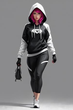  (Concept art of a woman in a black and white suit and hoodie walking, inspired by Marek Okon and trending on Artstation. This neo-figurative piece draws influence from Spider-Gwen and the style of graphic artist Artgerm, showcasing extremely detailed and captivating visuals in the manner of Krenz Cushart and Artgerm.,James Gilleard
