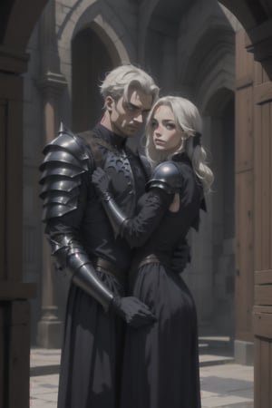 man in gothic armor being comforted by a young lady