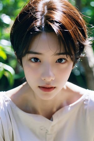 (((deep in the woods))),((looks at viewer)),(standing),(focus on the face),(((Close-up structure of a face with only the head entering the shot))),
人物：a korean girl,Pure and lovely korean girl,
優化：(((Realistic and delicate high-resolution structure: 1.4, Realistic and delicate high-quality structure: 1.4))),(Well-proportioned and perfect body proportion structure),(((image structure of real human texture))),
特質：low cut,
頭髮：(((Super short handsome short hair for girls: 1.5))),(bangs),iu