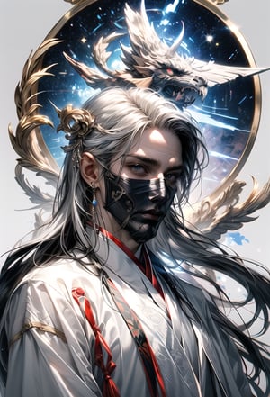 (extreamly delicate and beautiful:1.2), 8K, (tmasterpiece, best:1.2), (WHITE CLEAR BACKGROUND:1.5), (LONG_WHITE_HAIR_MALE:1.5), Upper body, a long_haired male, cool and seductive, evil_gaze, (wears white hanfu:1.2), and intricate detailing, and intricate detailing, finely eye and detailed face, Perfect eyes, Equal eyes, Fantastic lights and shadows、white room background、 Uses backlight and rim light