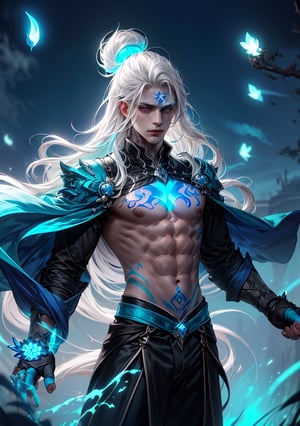 (extreamly delicate and beautiful:1.2), 8K, (tmasterpiece, best:1.2), (MALE:1.5) masterpiece, best quality, (detailed:1.3) halfnaked body with pale skin and (long_white_hair:1.4). All of his pale skin there are (blue_glowing_tattoes:1.5), on face, on body. (MAGICAL_BIOLUMINESCENT_TATTOOES:1.5)  Naked upper body, paleblue colour dominating, cloudy night, sharp focus, highly detailed, Magical Fantasy style,GlowingRunesAI_blue,,bioluminescent fbpz body paint,Eren_jaeger_face,4rmorbre4k,GlowingRunesAI_blue,1 girl,GlowingRunesAI_green