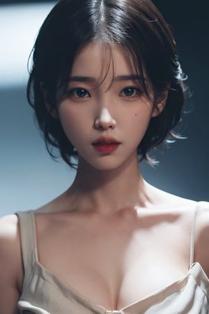 Korean woman with short hair and thick lips around 30 years old, dark night street background, natural lighting on woman's face,  Add a mole to your face, ,m4d4m,arshadArt,iu