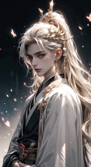 (extreamly delicate and beautiful:1.2), 8K, WHITE BACKGROUND:1.5) (tmasterpiece, best:1.2), , (LONG_HAIR_MALE:1.5), Upper body, a long_haired male, cool and seductive, evil_gaze, (wears white hanfu:1.2), and intricate detailing, and intricate detailing, finely eye and detailed face, Perfect eyes, Equal eyes, Fantastic lights and shadows、white room background、 Uses backlight and rim light, midjourney