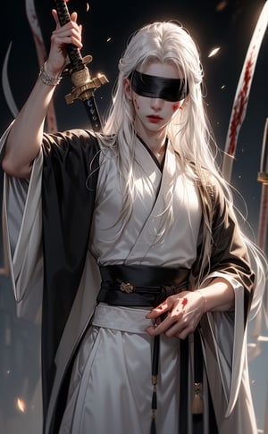 (WHITE_HAIRED_MALE_with_bloody_wounds_on_his_face holding_ancient_sword:1.5) (blindfolded with silve_embroidere_ BLUE_silk_ribbon in front of his eyes:1.5), best quality, masterpiece, beautiful and aesthetic, 16K, (HDR:1.4), high contrast, (vibrant color:0.5), (muted colors, dim colors, soothing tones:1.3), Exquisite details and textures, cinematic shot, Cold tone, (Dark and intense:1.2), wide shot, ultra realistic illustration, siena natural ratio, Art by Luis Royo and Gustave Moreau, (MARTIAL ART POSE:1.4)
(extreamly delicate and beautiful:1.2), 8K, (tmasterpiece, best:1.2), (LONG_WHITE_HAIR_MALE:1.5), (PERFECT SYMMETRICAL BLUE EYES:0), a long_haired masculine male, cool and determined, evil_gaze, (wears black and white hanfu:1.2), (BLOODY_FACE blindfolded:1.5) and intricate detailing, finely eye and detailed face, Perfect eyes, Equal eyes, Fantastic lights and shadows、finely detail,Depth of field,,cumulus,wind,insanely NIGHT SKY,very long hair,Slightly open mouth, long SILVER-WHITE hair,slender waist,,Depth of field, angle ,contour deepening,cinematic angle ,Enhance