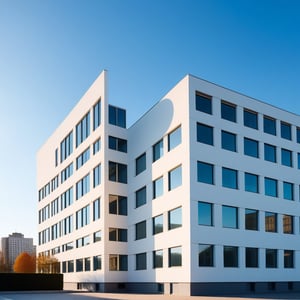 A Bauhaus style building with clean lines and simple shapes, set against a clear blue sky. The building features geometric forms, large windows, and a minimalist aesthetic. The composition is centered, with the building taking up most of the frame. The lighting is bright and even, highlighting the smooth surfaces and sharp edges. The location is urban, with a modern cityscape in the background.