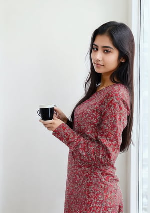 lovely cute young attractive indian teenage girl,  18 years old, cute, an Instagram model, long black_hair, selfie, at the Terese , hight 5.4, sexy, holding cup of coffee, in winters dress.