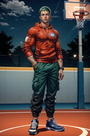 NYC background, outdoor basketball court , man, tangaline light sleek double color short hair style, wearing , splash drop color, Barranquilla,muscular_body ,sweatshirt ((Red sweatshirt with a Blue Number)) , long_sleeves ((half rolled up sleeves)), :), apple_watch, ring necklace, ring, muscular_body, 
roronoa zoro, green_hair, cargo pants ((Blue cargo pants)), converse shoes ((black converse )), muscular,evening, ear_rings, ring, athletic_male,  basketball_clothing, playing basketball in the court, tall, happy, arms_crossed