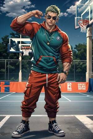 NYC background, outdoor basketball court , man, tangaline light sleek double color short hair style, wearing , splash drop color, Barranquilla,muscular_body ,sweatshirt ((Red sweatshirt with a Blue Number)) , long_sleeves ((half rolled up sleeves)), :), apple_watch, ring necklace, ring, muscular_body, sunglasses ((Red sunglasses)),
roronoa zoro, green_hair, cargo pants ((Blue cargo pants)), converse shoes ((black converse )), muscular,evening, ear_rings, ring, muscular_body,  basketball_clothing, playing basketball in the court