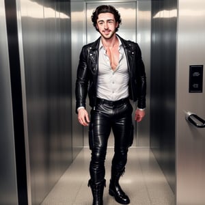 Aaron Taylor Johnson is in the elevator. He wears Black leather jacket, White unbottoned shirt, black cargo pants and black boots. He Is smiling and touching his bulge. 40 year old, muscular. 1 person only