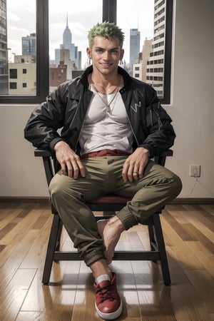 Wooden floor with windows room, NYC background ,man, 30 year old, tangaline light sleek double color short hair style, wearing , splash drop color, Barranquilla,muscular, wearing silver chain necklace,  ear_rings, ring, muscular_body,  midnight, :), roronoa zoro, jacket ((black comfy jacket)),  shirt ((white, large, unbottoned shirt)), pants ((Red cargo pants)), converse shooes, green_hair, full_body, pov_eye_contact, :), blushing, sweating, full_body, barefoot, sitting_on_chair, getting photographed, camera recording,Male focus, smiling,