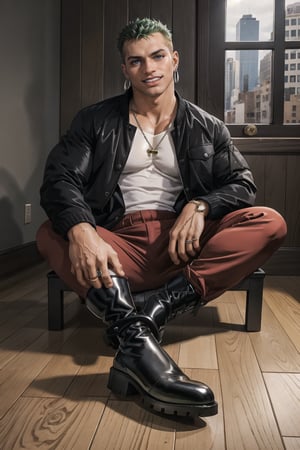 Wooden floor with windows room, NYC background ,man, 30 year old, tangaline light sleek double color short hair style, wearing , splash drop color, Barranquilla,muscular, wearing silver chain necklace,  ear_rings, ring, muscular_body,  midnight, :), roronoa zoro, jacket ((Red comfy jacket)),  shirt ((white, large, unbottoned shirt)), pants ((black elegant pants)), shoes ((shiny black rock boots)), green_hair, full_body, pov_eye_contact, :), blushing, sweating, full_body, barefoot, sitting on chair, getting photographed, camera recording,Male focus, smiling