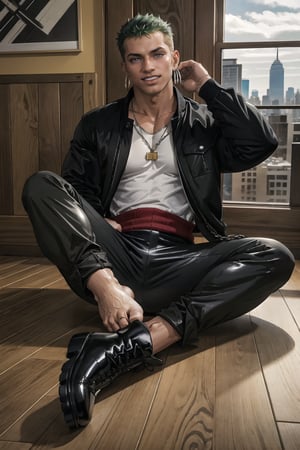 Wooden floor with windows room, NYC background ,man, 30 year old, tangaline light sleek double color short hair style, wearing , splash drop color, Barranquilla,muscular, wearing silver chain necklace,  ear_rings, ring, muscular_body,  midnight, :), roronoa zoro, jacket ((Red comfy jacket)),  shirt ((white, large, unbottoned shirt)), pants ((black elegant pants)), shoes ((shiny black rock boots)), green_hair, full_body, pov_eye_contact, :), blushing, sweating, full_body, barefoot, sitting, getting photographed, camera recording,Male focus, smiling