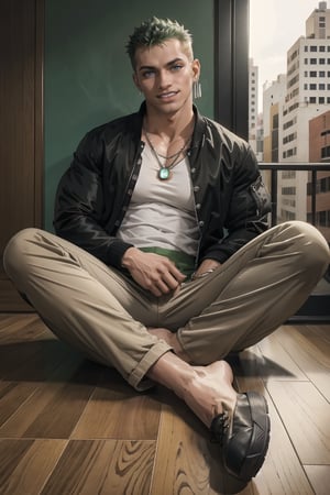 Wooden floor with windows room, NYC background ,man, 30 year old, tangaline light sleek double color short hair style, wearing , splash drop color, Barranquilla,muscular, wearing silver chain necklace,  ear_rings, ring, muscular_body,  midnight, :), roronoa zoro, jacket ((Red comfy jacket)),  shirt ((white, large, unbottoned shirt)), pants ((black elegant pants)), converse shooes, green_hair, full_body, pov_eye_contact, :), blushing, sweating, full_body, barefoot, sitting_on_chair, getting photographed, camera recording,Male focus, smiling,