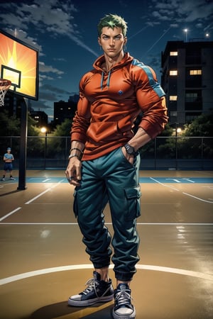 NYC background, outdoor basketball court , man, tangaline light sleek double color short hair style, wearing , splash drop color, Barranquilla,muscular_body ,sweatshirt ((Red sweatshirt with a Blue Number)) , long_sleeves ((half rolled up sleeves)), :), apple_watch, ring necklace, ring, muscular_body, 
roronoa zoro, green_hair, cargo pants ((Blue cargo pants)), converse shoes ((black converse )), muscular,evening, ear_rings, ring, athletic_male,  basketball_clothing, playing basketball in the court, tall, happy, arms_crossed