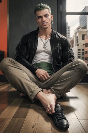 Wooden floor with windows room, NYC background ,man, 30 year old, tangaline light sleek double color short hair style, wearing , splash drop color, Barranquilla,muscular, wearing silver chain necklace,  ear_rings, ring, muscular_body,  midnight, :), roronoa zoro, jacket ((Red comfy jacket)),  shirt ((white, large, unbottoned shirt)), pants ((black elegant pants)), shoes ((black converse)), green_hair, full_body, pov_eye_contact, :), blushing, sweating, full_body, barefoot, sitting_on_chair, getting photographed, camera recording,Male focus, smiling,