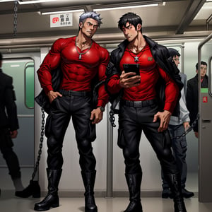 Tadashi Hamada is in the subway, it's midnight.He wear black jacket, black cargo pants with chain, Red shirt , a silver  necklace,b black rock boots. He Is sweating and sexy.he has an Athletic body. manly body. he Is looking at his phone. 1 Person only

