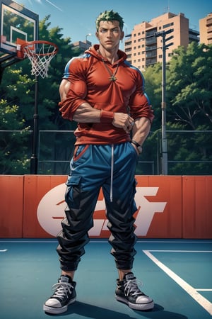 NYC background, outdoor basketball court , man, tangaline light sleek double color short hair style, wearing , splash drop color, Barranquilla,muscular_body ,sweatshirt ((Red sweatshirt with a Blue Number)) , long_sleeves ((half rolled up sleeves)), :), apple_watch, ring necklace, ring, muscular_body, 
roronoa zoro, green_hair, cargo pants ((Blue cargo pants)), converse shoes ((black converse )), muscular,evening, ear_rings, ring, athletic_male,  basketball_clothing, playing basketball in the court, tall, happy, arms_crossed