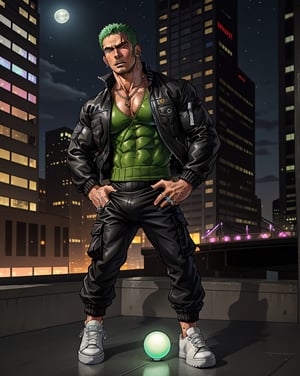 Roronoa Zoro. muscular body
wearing black  jacket, leathers tanktop, cargo pants, sneakers, necklace, ring, 
very sweaty, hot body, .
gay club in NYC. skyscraper view.
night time. party