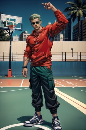 NYC background, outdoor basketball court , man, tangaline light sleek double color short hair style, wearing , splash drop color, Barranquilla,muscular_body ,sweatshirt ((Red sweatshirt with a Blue Number)) , long_sleeves ((half rolled up sleeves)), :), apple_watch, ring necklace, ring, muscular_body, sunglasses ((Red sunglasses)),
roronoa zoro, green_hair, cargo pants ((Blue cargo pants)), converse shoes ((black converse )), muscular,evening, ear_rings, ring, athletic_male,  basketball_clothing, playing basketball in the court, tall