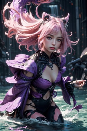 (masterpiece, top quality, best quality, official art, beautiful and aesthetic:1.2), (1girl:1.2), cute but fearsome, extreme detailed,(abstract:1.4, fractal art:1.3),(Half_purple_half_pink_hair:1.1), fate \(series\), colorful,highest detailed, purple fire, pink water, (splash_art:1.2), jewelry:1.4, hanfu, scenery, ink, background_purple_and_pink_yinyang