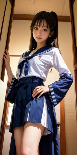 cowboy shot, from below, 1girl, european-japanese teen, portrait,bizarre,clavicle, japanese sailor school uniform, serafuku