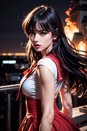 Mature woman, oval face, red miniskirt with pleats.
masterpiece,best quality,High definition, high resolution
Sailor mars dress, very windy
,more detail,night_view_background,1girl,looking at viewer,retro artstyle,sv1,rooftop
Dramatic light, anger expression. Fire in the background