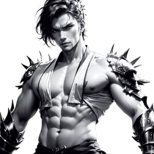 anime style, handsome martial artist male, short spiky hair, very tall, martial arts headband, dnd monk, angry face yelling, wearing open shirt. fit body six pack, wearing iron gauntlets, monochrome, white background, monochrome, white background,nestskyo