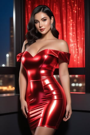 model wearing an off-the-shoulder short flared glossy strapless foil dress in vibrant red, with a backdrop of shimmering curtains, cityscape night, Soft skin, black hair, beautiful face, realistic, ultra realistic, high quality, huge-boobs, big-breasts, long-breasts, big-boobs,