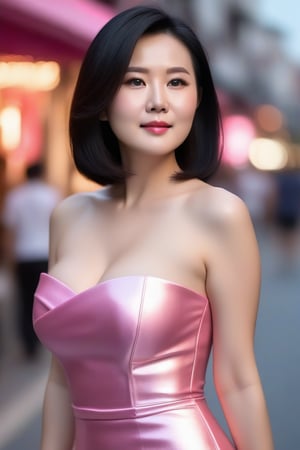 beautiful 65 yo slim Chinese lady with shoulder length hair and small pointy bust, wearing a very short flared glossy strapless pink foil dress, Soft skin, black hair, blurred Street background, beautiful face, realistic, ultra realistic, high quality, huge-boobs, big-breasts, long-breasts, big-boobs,