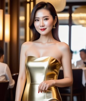 beautiful 45 yo slim Chinese lady with shoulder length hair and small pointy bust,  wearing a very short flared glossy strapless gold foil  dress, hostess at restaurant,