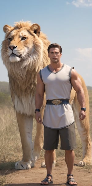 imagine the following scene

On the African plain, a beautiful plain, during the day. An inclement sun.

In the center of the image, a beautiful man stands next to a large lion to his right and a tiger to his left.

The lion and tiger are beautiful, very detailed.

The man is Latino, blonde hair, very muscular, very large and bright blue eyes, long eyelashes, full and pink lips.

The man wears an explorer's uniform. Wear leather sandals.

The shot is wide to see the details of the scene.