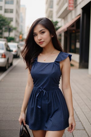 beautiful cute woman, navy blue polkadot sleevless dress, photo-realistic, leica m6, 50mm f/1.8 lens., mt-safirakaunang