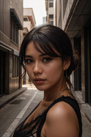  a photo-realistic portrait capturing the strength and resilience of a woman with a determined gaze. Place her in an urban alley with gritty textures and dramatic shadows, emphasizing her empowering presence. mt-wendywalters